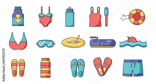 Bright summer beach essentials in fun cartoon style