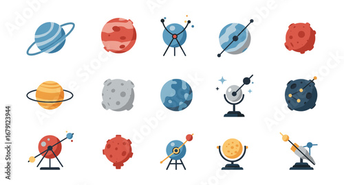 Flat style planet and space icons set featuring telescopes and celestial bodies