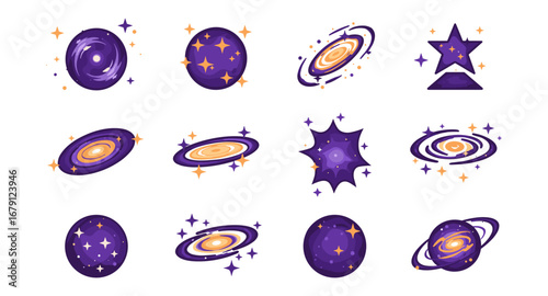 Purple cosmic galaxy icons set with starry designs and planetary elements
