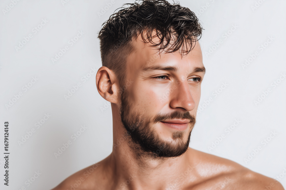 Fototapeta premium Close-up profile of an adult man with wet hair after a shower on a grey background.