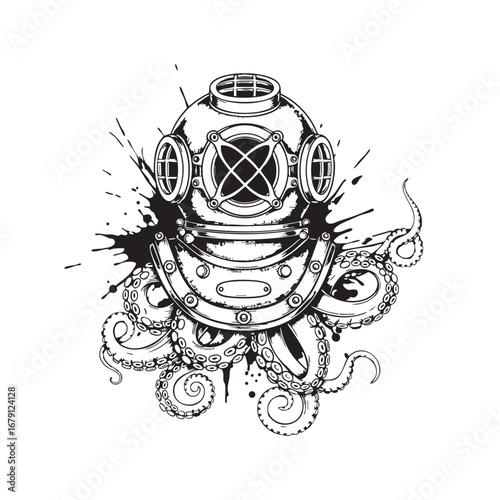 Deep Sea Diving Helmet with Octopus Tentacles Black and White Stylized Nautical Illustration with Ink Splashes
