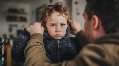 A Tender Moment: Father and child share a heartwarming connection, with a father helping his son button up his jacket, capturing the essence of parental love and daily life.