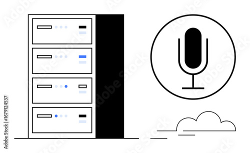 Server rack with data storage units beside a microphone icon and a cloud. Ideal for technology, AI, cloud computing, voice recognition, audio data storage, remote access, simple landing page