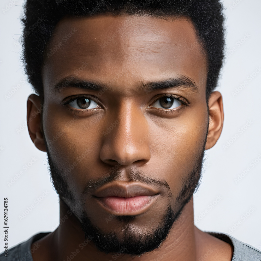 Fototapeta premium Close-up Portrait: Young Black Man's Face with Intense Expression