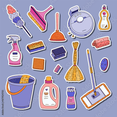 Colorful doodle housekeeping sticker set for planners, notebooks, scrapbook. Ready for print list of lovely stickers of funny home care clipart to cleanse dirt and grime, wipe dust, wash floor.