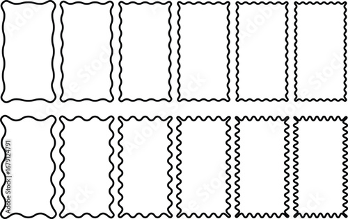 wavy rectangular frames scallop set black. social media decoration template. oval frames collection. borders with curved edges in colorful. curvy squiggly doodle lines
