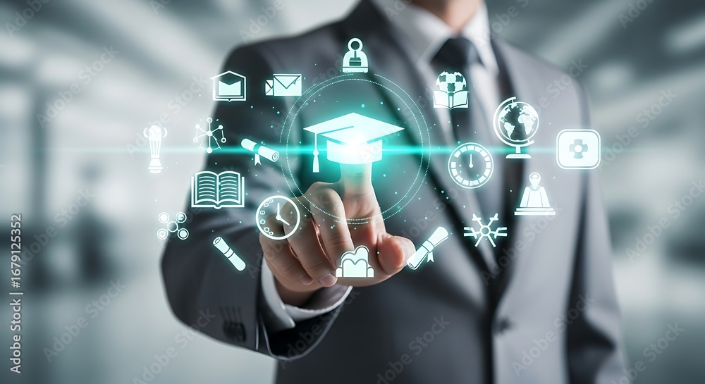 Obraz premium Businessman interacting with futuristic digital education and business icons interface