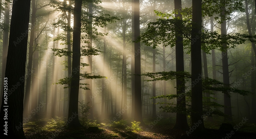 Obraz premium Sunlight streams through the trees, creating a serene forest ambiance with Whisk_bb5a087bd5.jpg