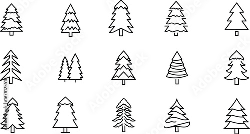 Collection of evergreen tree icons isolated on a white background, perfect for representing nature, forests, and the holiday season