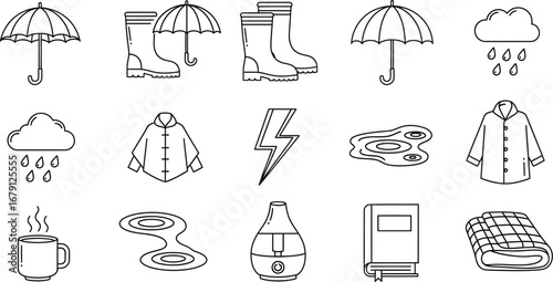Rainy day icons isolated on a white background showcasing umbrellas, raincoats, and cozy items for a comforting atmosphere