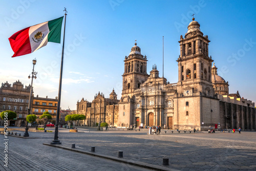 historic cathedral in mexico city town square with flag and blue sky