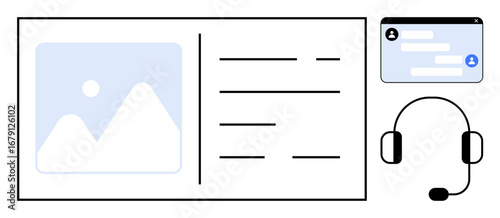 Image placeholder with sample text layout, text-based chat window, and professional headset. Ideal for communication, customer service, helpdesk, business, remote work, online support and simple