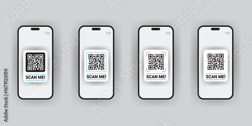 mobile phone, barcode, qr code, scan me, scan now, scan here, black and white, minimalist, monochrome, vector illustration