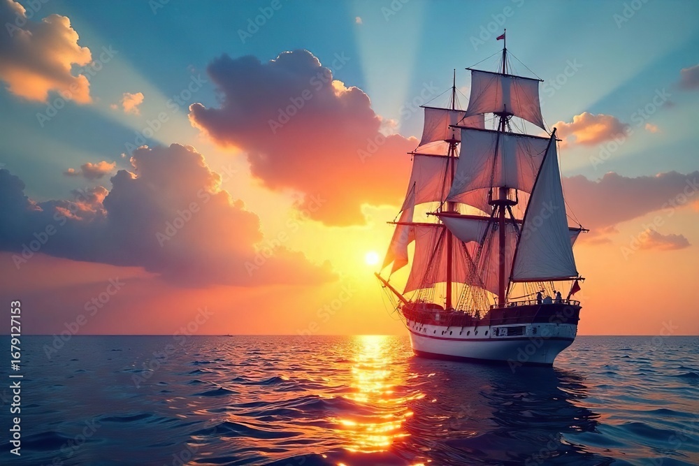Fototapeta premium Majestic sailing ships at sunset, gleaming white hulls against a vibrant sky, capturing the beauty of the sea and the elegance of nautical vessels , tranquil, vessel, blue