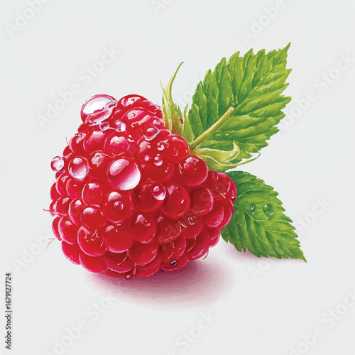 DewKissed Raspberry with Vibrant Green Leaf a WatercolorStyle Still Life