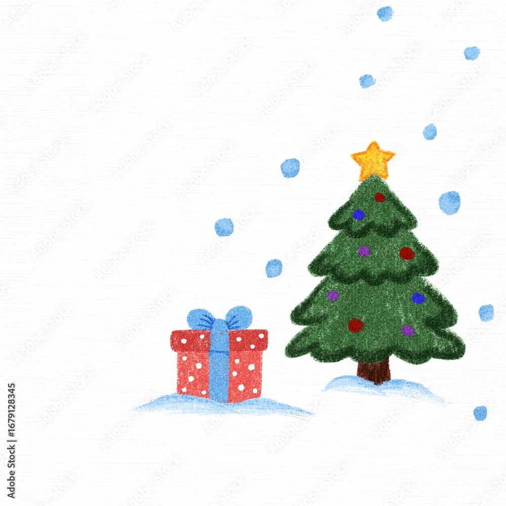 Obraz premium Christmas tree with gift box in snow illustration