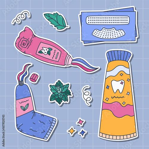 Lovely multicolored doodle sticker set with different toothpastes and teeth stripes for planners, notebooks. Ready for print list of cute hand drawn stickers for cleaning and bleaching enamel.