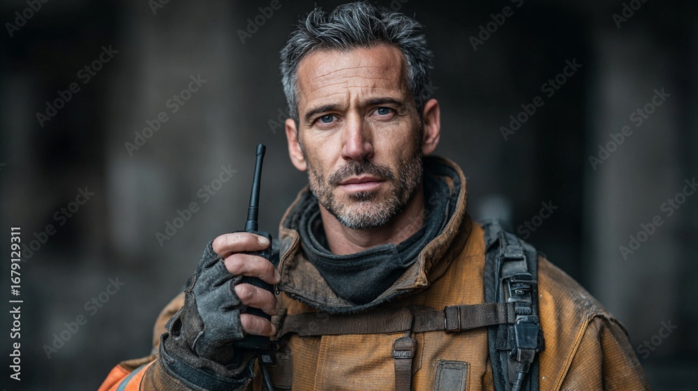 Obraz premium Firefighter in professional gear holding walkie talkie inside an abandoned building