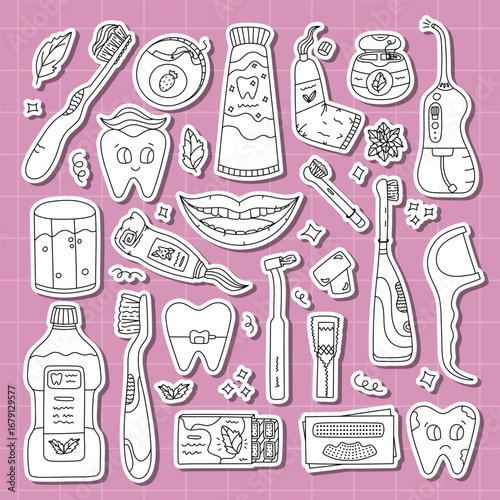 Big outline sticker set about dental care and stomatology for planners, notebooks. Ready for print list of lovely hand drawn stickers doodle of cleaning tools, tooth characters, oral care products.