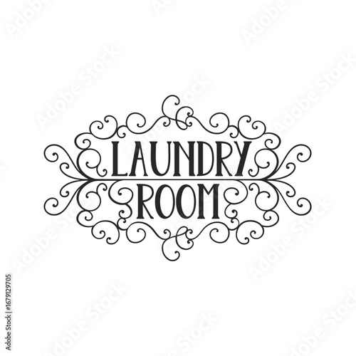 Ornate black filigree frames "LAUNDRY ROOM" text, centered on white; flat, graphic style, symmetrical design, creating a clean, vintage, and inviting ambiance.