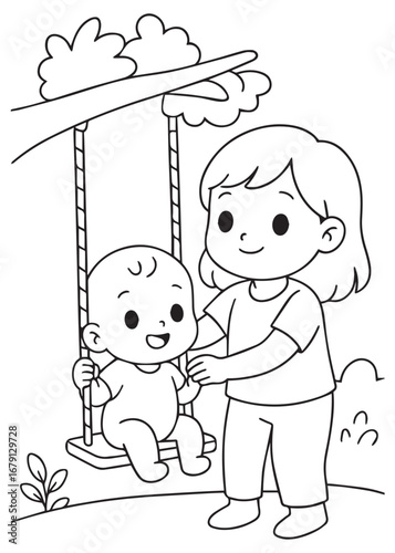 coloring book sister pushing baby brother on swing in park