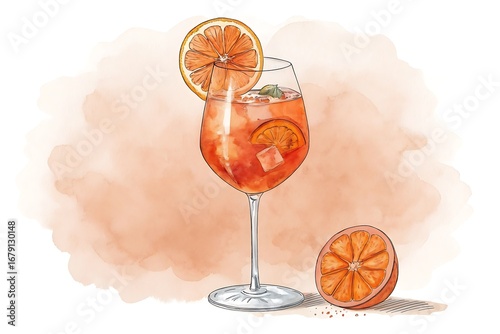 Watercolor Illustration of an Orange Aperol Spritz Cocktail with Orange Slice and Mint drink beverage
