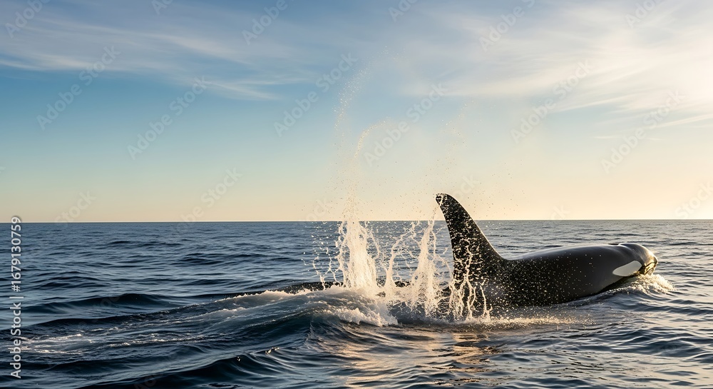 Fototapeta premium A majestic orca whale splashes its powerful tail fin in the calm ocean waters under a clear, sunny sky.