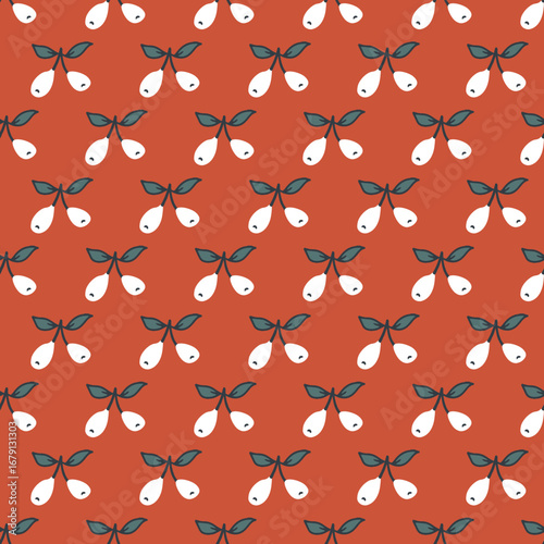 Red Autumn Cornus Fruit and Leaves Seamless Art. Perfect for seasonal designs, fall-themed packaging, botanical projects, and textile prints.