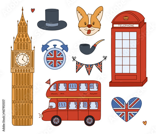 Lovely cartoon doodle Great Britain set with national landmarks, cultural symbols of England. Funny hand drawn double decker bus for sightseeing, public call box, Big Ben, corgi isolated on white.