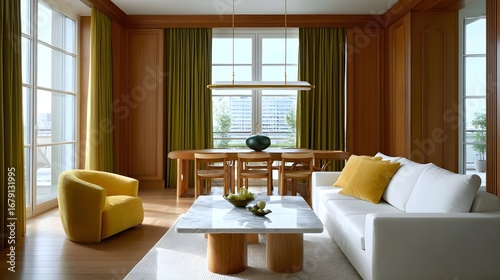 A stylish and inviting living room with a plush white sofa, a wooden coffee table, and an armchair in a warm, neutral color palette. Large provide ample natural light.