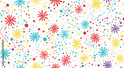 Whimsical explosions of color and joyful splatters create a lively festive atmosphere
