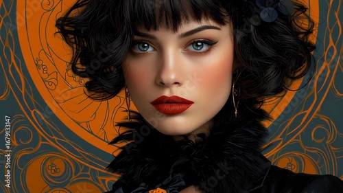 Elegant 1920s Halloween Art Featuring Woman with Curly Hair and Bold Red Lips, Capturing Charm and Mystery Against Vibrant Orange Background