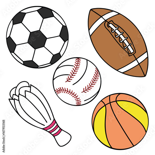Cartoon sports gear: soccer ball, American football, volleyball, basketball, badminton shuttlecock.