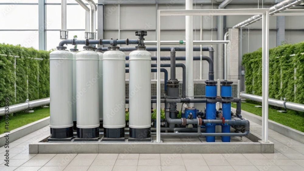 Fototapeta premium A modern water filtration system with pipes and tanks, surrounded by greenery, in a clean and organized industrial setting.