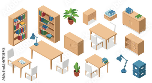 Collection of wooden office furniture and supplies in an isometric view