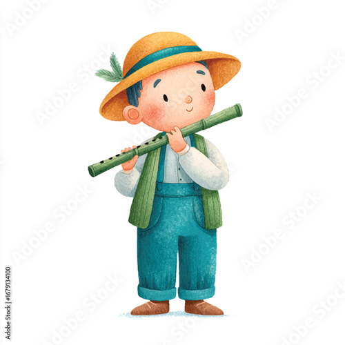 Cartoon Boy in Overalls with Straw Hat Holding Green Flute