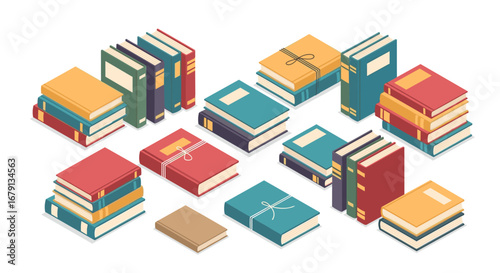 An assortment of colorful books arranged in stacks and rows on a white background