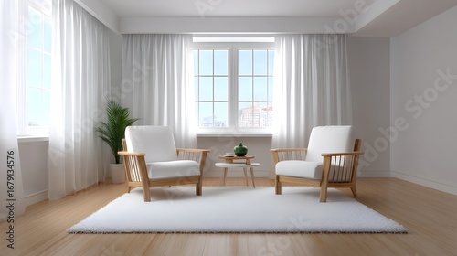 A bright and airy living room featuring a minimalist design with comfortable wooden armchairs, a low table, and a soft rug, creating a serene and inviting atmosphere.