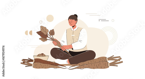 Woman Prepares Freshly Harvested Roots in Peaceful Stillness, Simple Illustration