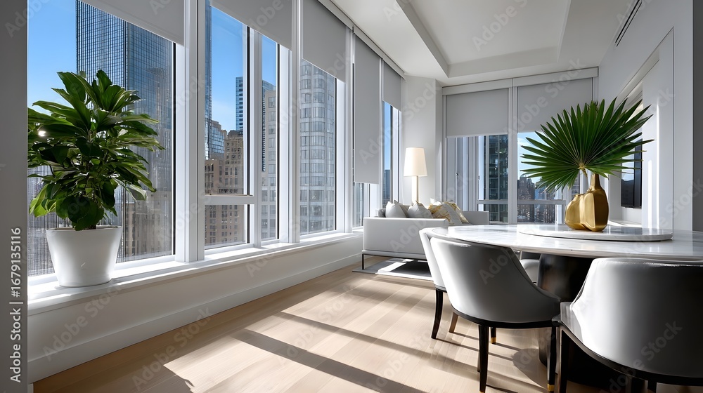 Fototapeta premium Spacious and bright modern office space with large showcasing a stunning city skyscape, complemented by natural elements like potted plants for a calming, professional ambiance.