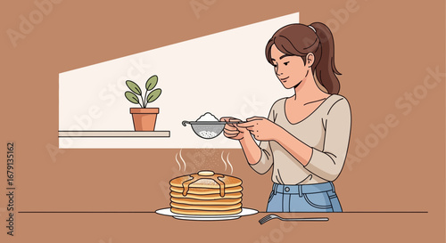 Woman Prepares Pancakes, Dusting Sugar Whilst Standing Near A Window, Baking Illustration