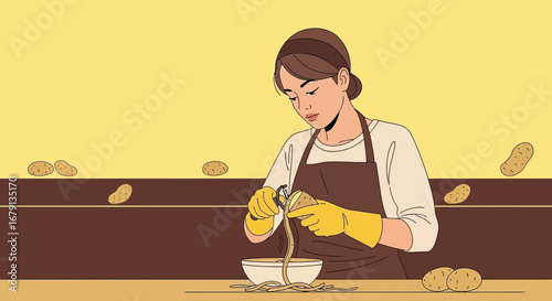 Woman Prepares Potatoes In A Kitchen, Harvesting Root Vegetables, Delicious Food Illustration