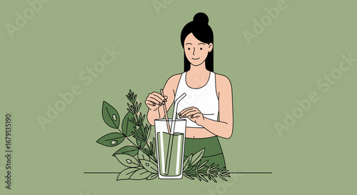 Woman Prepares Refreshing Drink with Fresh Herbs, Promoting Wellness and Healthy Lifestyle