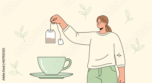 Woman Preparing A Cup Of Tea With A Tea Bag On A Pastel Background Illustration