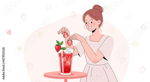 Woman Preparing a Fresh Strawberry Cocktail Presenting Summer Vibes And Refreshment