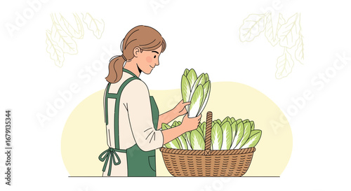Woman Harvesting Fresh Produce From Basket, Farm-To-Table Illustration Concept