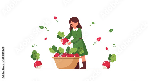 Woman Harvesting Fresh Radishes from Wooden Bowl with Falling Leaves Around