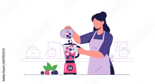 Woman Preparing a Healthy Fruit Smoothie with Berries in a Kitchen Setting