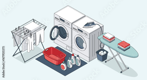 Household chore and laundry room equipment organized for efficiency and convenience