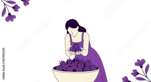 Woman Harvesting Freshly Picked Grapes From A Vineyard With Floral Accents